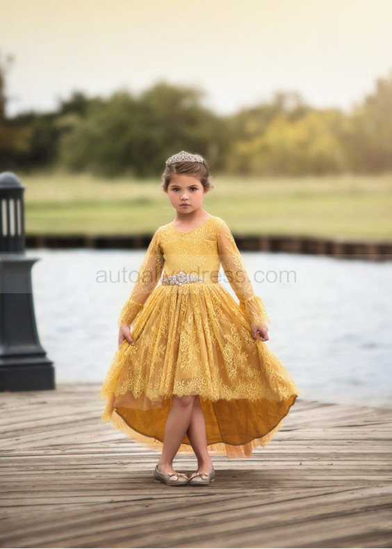 Ginger Yellow Lace High Low Flower Girl Dress